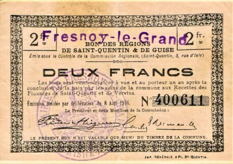 Аверс банкноты 2 franki - Fresnoy-le-Grand (Francja) 1916