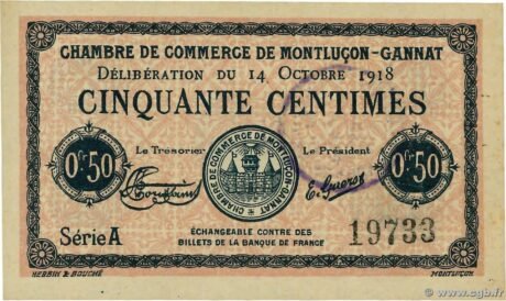 Аверс банкноты 50 сантимов - Торговая палата Монлюсон - Ганны (Франция) 1918 года