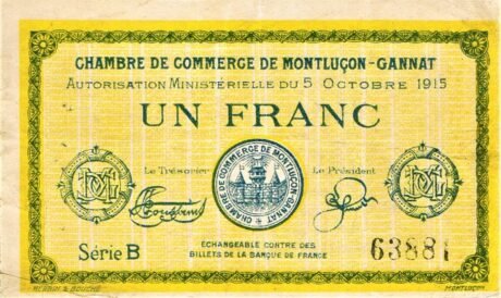 Аверс банкноты 1 франк - Торговая палата Монлюсон - Ганны (Франция) 1915 года