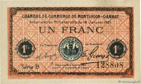 Аверс банкноты 1 франк - Торговая палата Монлюсон - Ганны (Франция) 1921 года