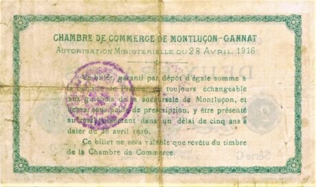 Реверс банкноты 2 франка - Торговая палата Монлюсон - Ганны (Франция) 1916 года