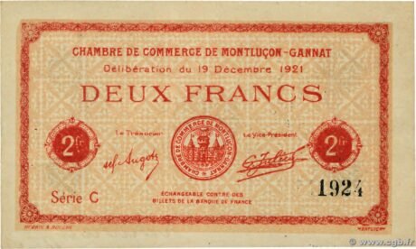 Аверс банкноты 2 франка - Торговая палата Монлюсон - Ганны (Франция) 1921 года