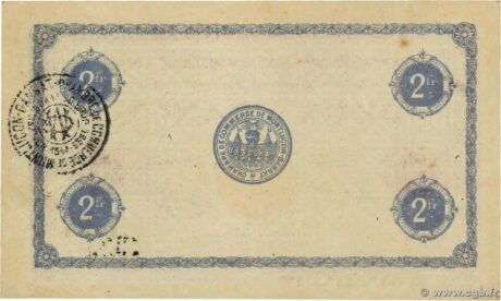 Реверс банкноты 2 франка - Торговая палата Монлюсон - Ганны (Франция) 1921 года