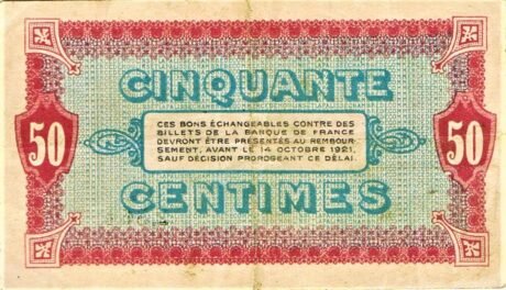 Реверс банкноты 50 сантимов - Торговая палата в Мулене и Лапалисе (Франция) 1916 года