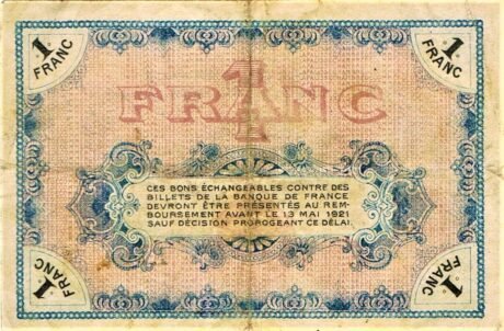 Реверс банкноты 1 франк - Торговая палата Мулен и Лапалис (Франция) 1916 года