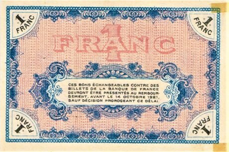 Реверс банкноты 1 франк - Торговая палата Мулен и Лапалис (Франция) 1916 года