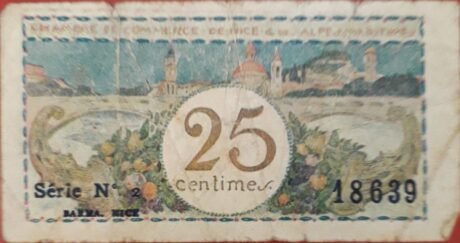 Аверс банкноты 25 сантимов - Торговая палата Ниццы и Приморских Альп (Франция) 1914 года
