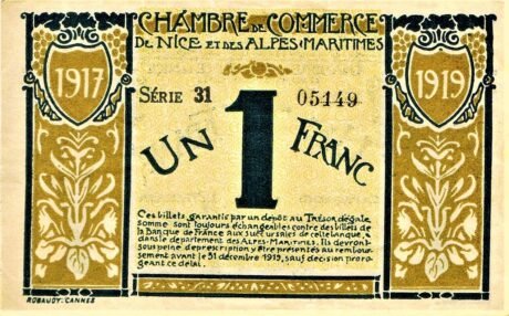 Аверс банкноты 1 франк - Торговая палата Ниццы и Приморских Альп (Франция) 1917 года