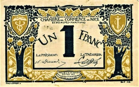 Реверс банкноты 1 франк - Торговая палата Ниццы и Приморских Альп (Франция) 1917 года