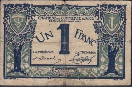 Аверс банкноты 1 франк - Торговая палата Ниццы и Приморских Альп (Франция) 1917 года