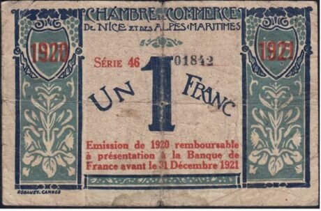 Реверс банкноты 1 франк - Торговая палата Ниццы и Приморских Альп (Франция) 1917 года
