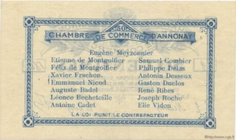 Реверс банкноты 50 сантимов - Торговая палата Анноне (Франция) 1914 года