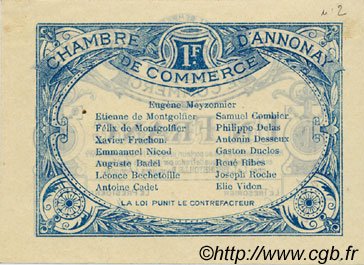 Реверс банкноты 1 франк - Торговая палата Анноне (Франция) 1914 года