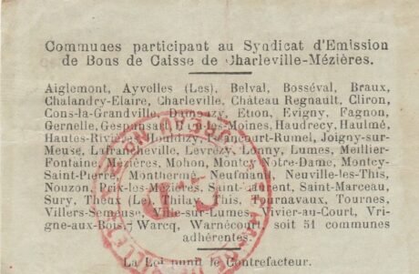 Реверс банкноты 1 франк - Синдикат по выпуску наличных облигаций Шарлевиль-Мезьер (Франция) 1916 года