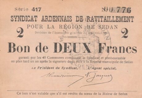 Аверс банкноты 2 franki – Unia Ardenów – zaopatrzenie dla regionu Sedanu (Francja) 1916
