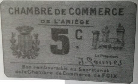 Аверс банкноты 5 сантимов - Торговая палата Арьежа (Франция) 1920 года