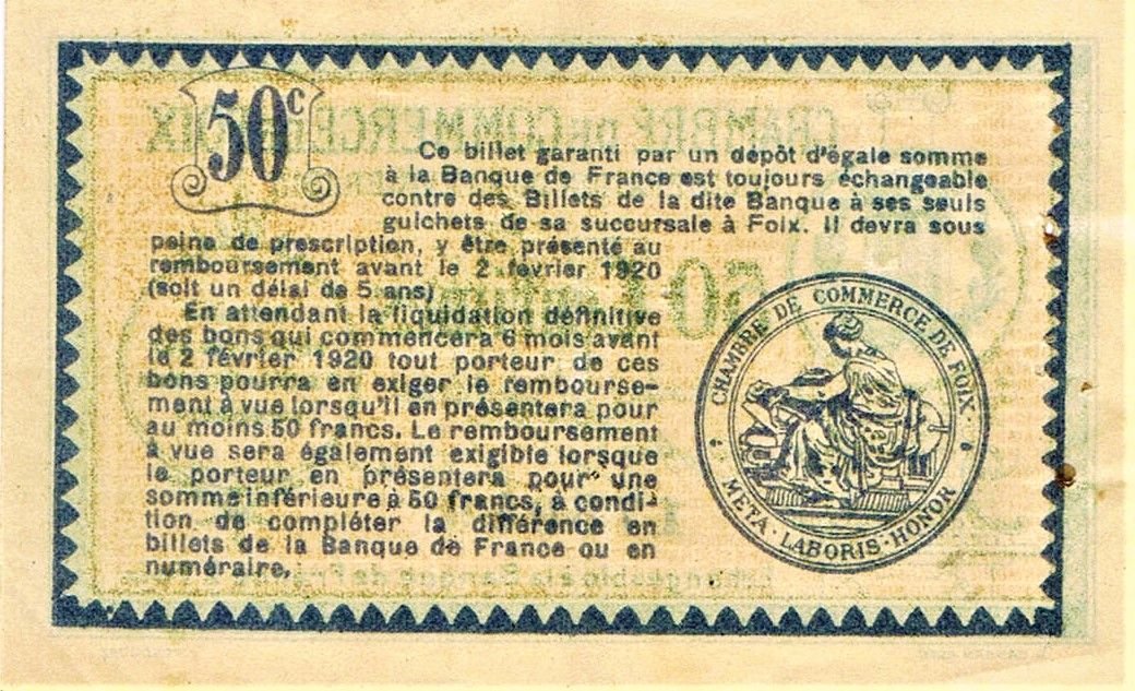 Реверс банкноты 50 сантимов - Торговая палата Фуикса (Франция) 1915 года