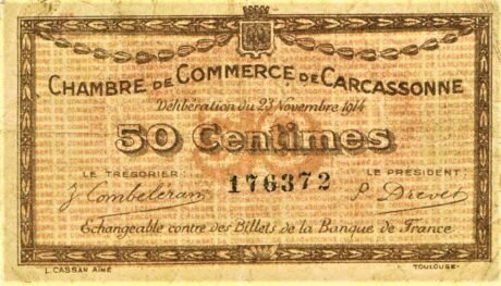 Аверс банкноты 50 centymów – Izba Handlowa w Carcassonne (Francja) 1914