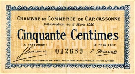 Аверс банкноты 50 сантимов - Торговая палата Каркассона (Франция) 1920 года