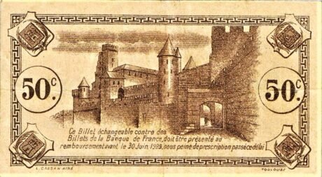 Реверс банкноты 50 сантимов - Торговая палата Каркассона (Франция) 1920 года