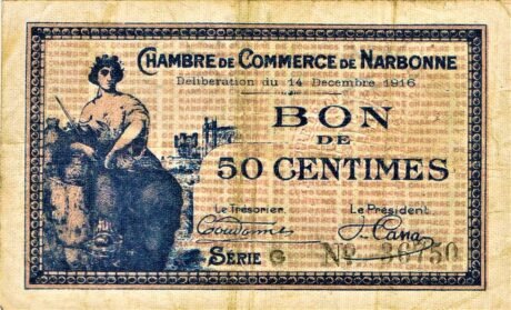 Аверс банкноты 50 сантимов - Торговая палата Нарбонны (Франция) 1916 года