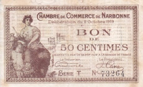 Аверс банкноты 50 сантимов - Торговая палата Нарбонны (Франция) 1919 года