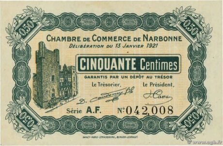 Аверс банкноты 50 сантимов - Торговая палата Нарбонны (Франция) 1921 года