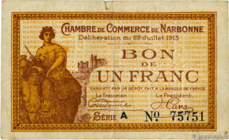 Аверс банкноты 1 франк - Торговая палата Нарбонны (Франция) 1915 года