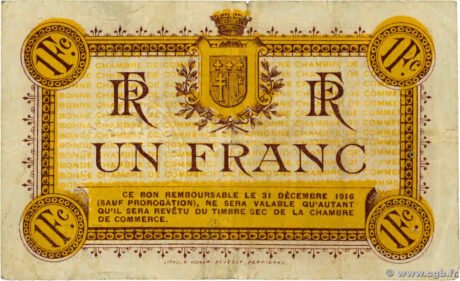 Реверс банкноты 1 франк - Торговая палата Нарбонны (Франция) 1915 года