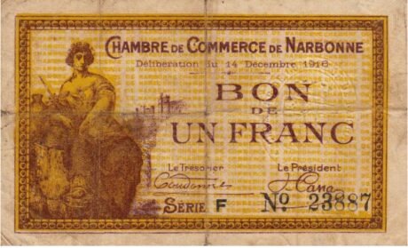 Аверс банкноты 1 frank – Izba Handlowa w Narbonne (Francja) 1916