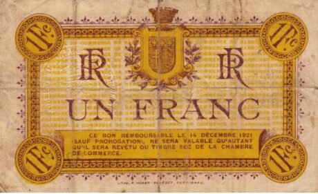 Реверс банкноты 1 frank – Izba Handlowa w Narbonne (Francja) 1916