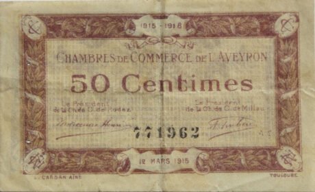 Аверс банкноты 50 сантимов - Торговая палата Аверона (Франция) 1915 года