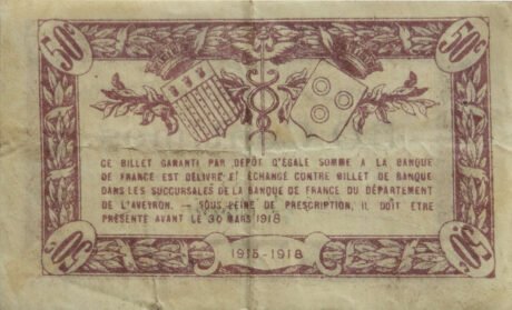 Реверс банкноты 50 сантимов - Торговая палата Аверона (Франция) 1915 года