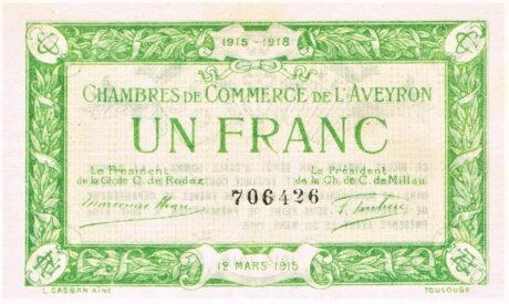 Аверс банкноты 1 франк - Торговая палата Аверона (Франция) 1915 года