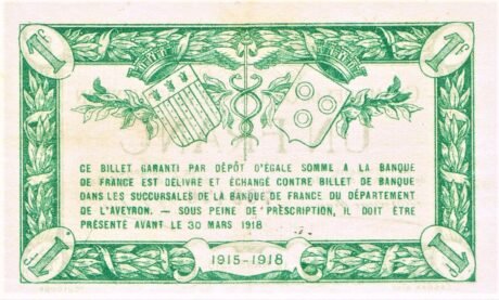 Реверс банкноты 1 франк - Торговая палата Аверона (Франция) 1915 года