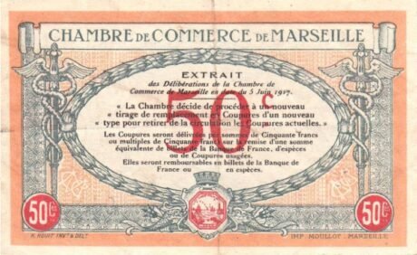 Реверс банкноты 50 сантимов - Торговая палата Марселя (Франция) 1917 года
