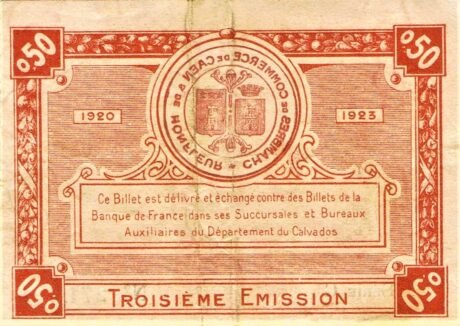 Реверс банкноты 50 сантимов - Торговая палата Кана и Онфлера (Франция) 1920 года