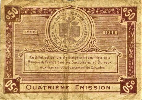 Реверс банкноты 50 centymów – Izba Handlowa w Caen i Honfleur (Francja) 1920