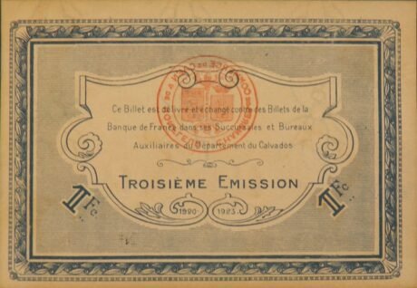 Реверс банкноты 1 франк - Торговая палата Кана и Онфлера (Франция) 1918 года