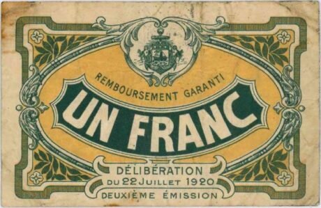 Реверс банкноты 1 франк - Генеральный профсоюз промышленников Трувиль-сюр-Мер (Франция) 1920 года