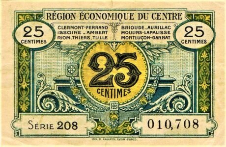 Аверс банкноты 25 сантимов - Центральный экономический район (Франция) 1924 года