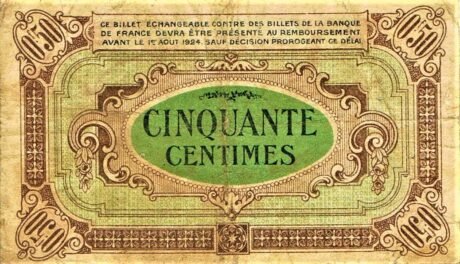 Реверс банкноты 50 сантимов - Центральный экономический район (Франция) 1924 года
