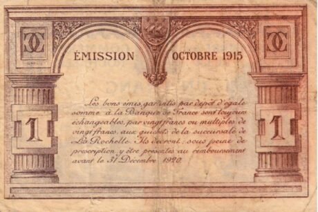 Реверс банкноты 1 франк - Торговая палата Ла-Рошели (Франция) 1915 года