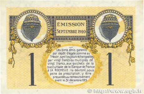 Реверс банкноты 1 франк - Торговая палата Ла-Рошели (Франция) 1920 года