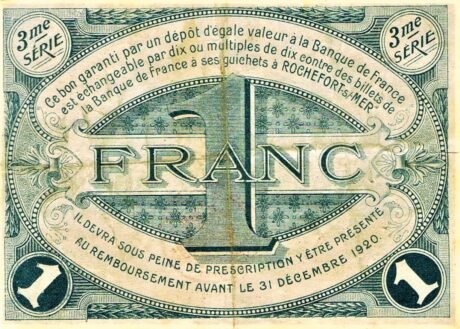 Реверс банкноты 1 frank – Izba Handlowa w Rochefort-sur-Mer (Francja) 1915