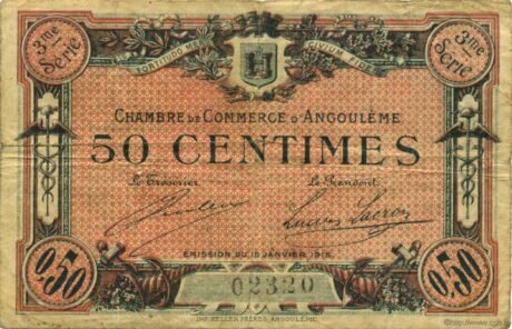 Аверс банкноты 50 сантимов - Торговая палата Ангулема (Франция) 1915 года