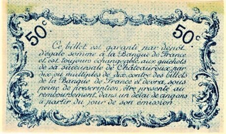 Реверс банкноты 50 сантимов - Торговая палата Шатору (Франция) 1916 года