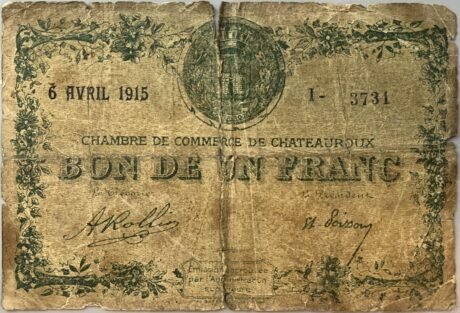 Аверс банкноты 1 frank – Izba Handlowa Châteauroux (Francja) 1915