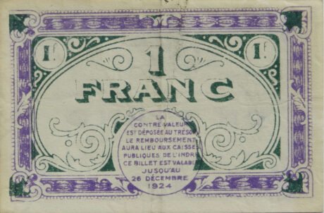 Реверс банкноты 1 frank – Izba Handlowa Châteauroux (Francja) 1919
