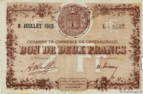 Аверс банкноты 2 франка - Торговая палата Шатору (Франция) 1915 года